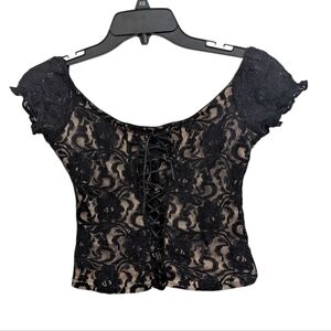 Vintage Lace Crop Top Lace Up Floral Lace Black